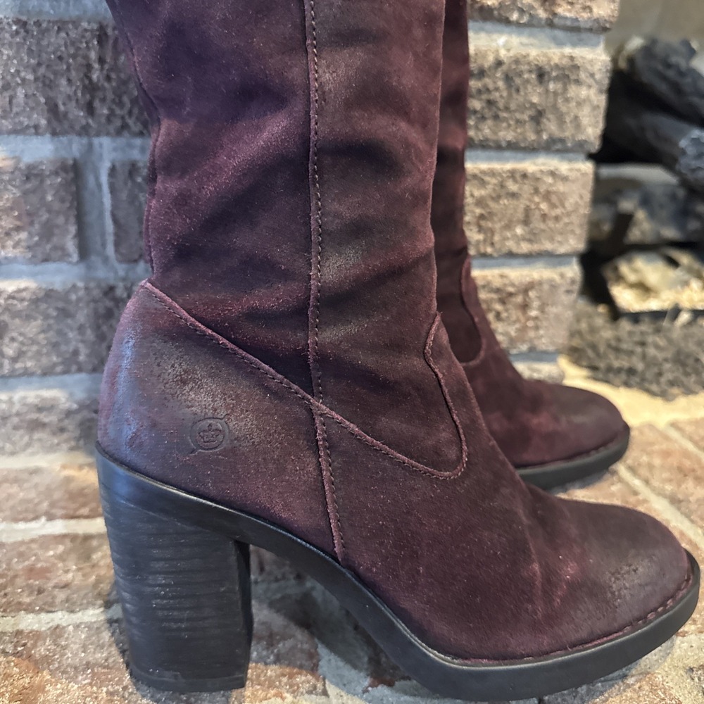 Born Over The Knee Suede Leather Block Heel Boots Women's Sz 7 Dark Red - Picture 7 of 16